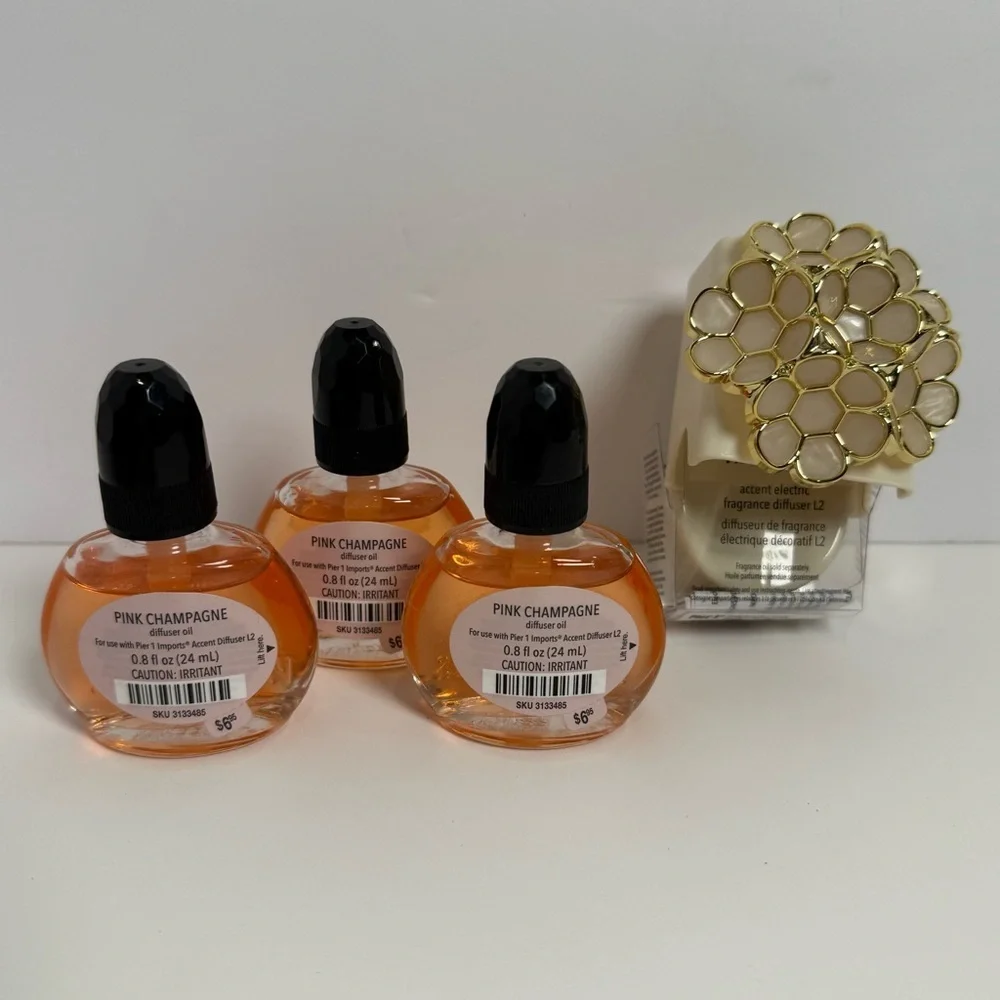 Pier 1 Imports Pink Champagne Oil Lot With Plugin Flower Scent Diffuser NEW
